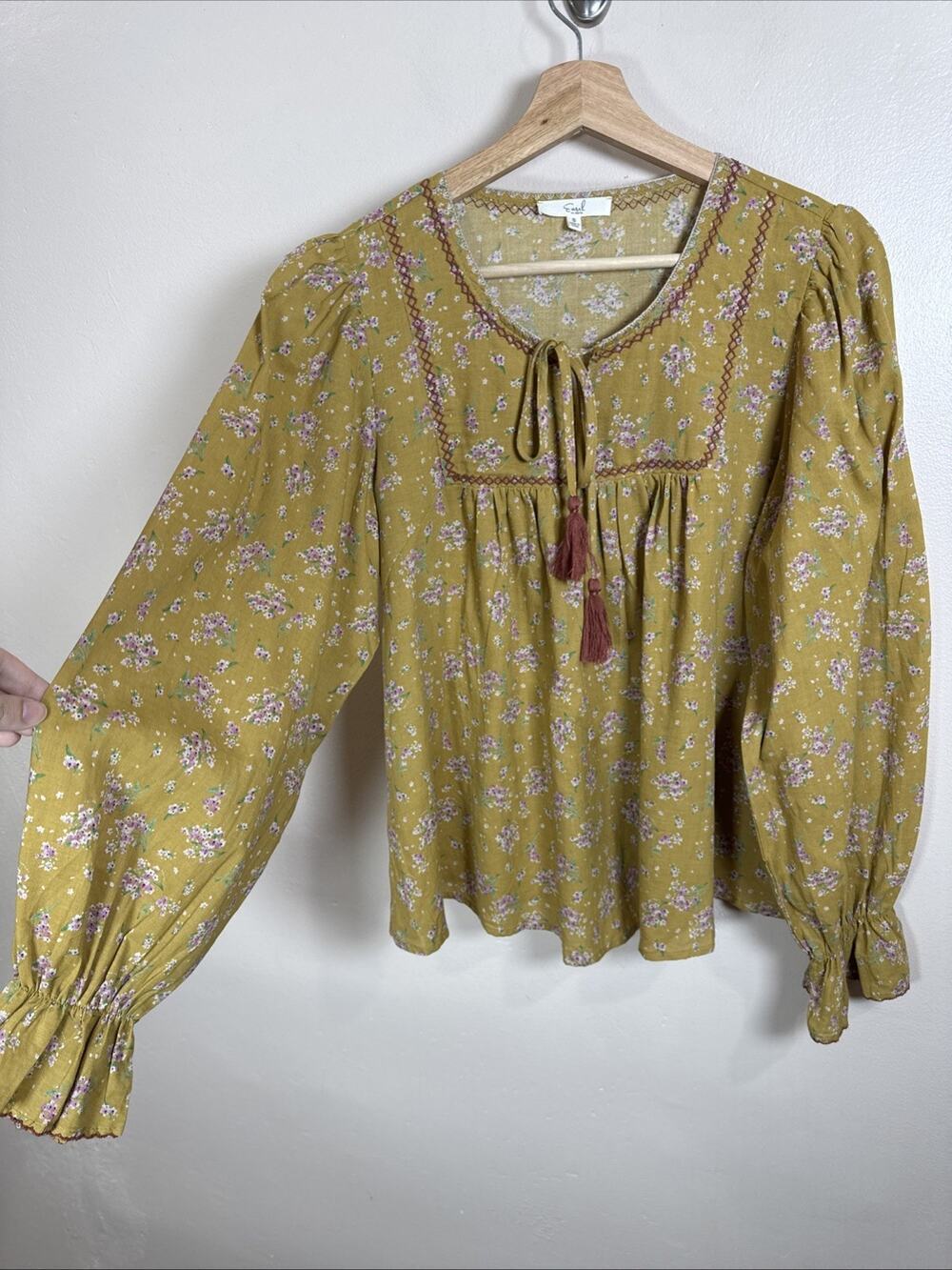 Easel Womens Peasant Blouse Micro Floral Ballon Sleeve Cotton Boho S